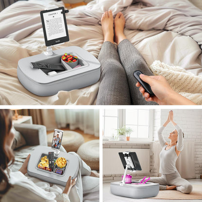 ERGONOV Tablet Stand Pillow with Snack Bowl, iPad Lap Holder for Hands-Free Reading and Relaxation on Bed,Couch,Recliner, 360° Rotating Clip for 4.7-13" Kindle,eBook,Tablet,iPhone (Light Gray)