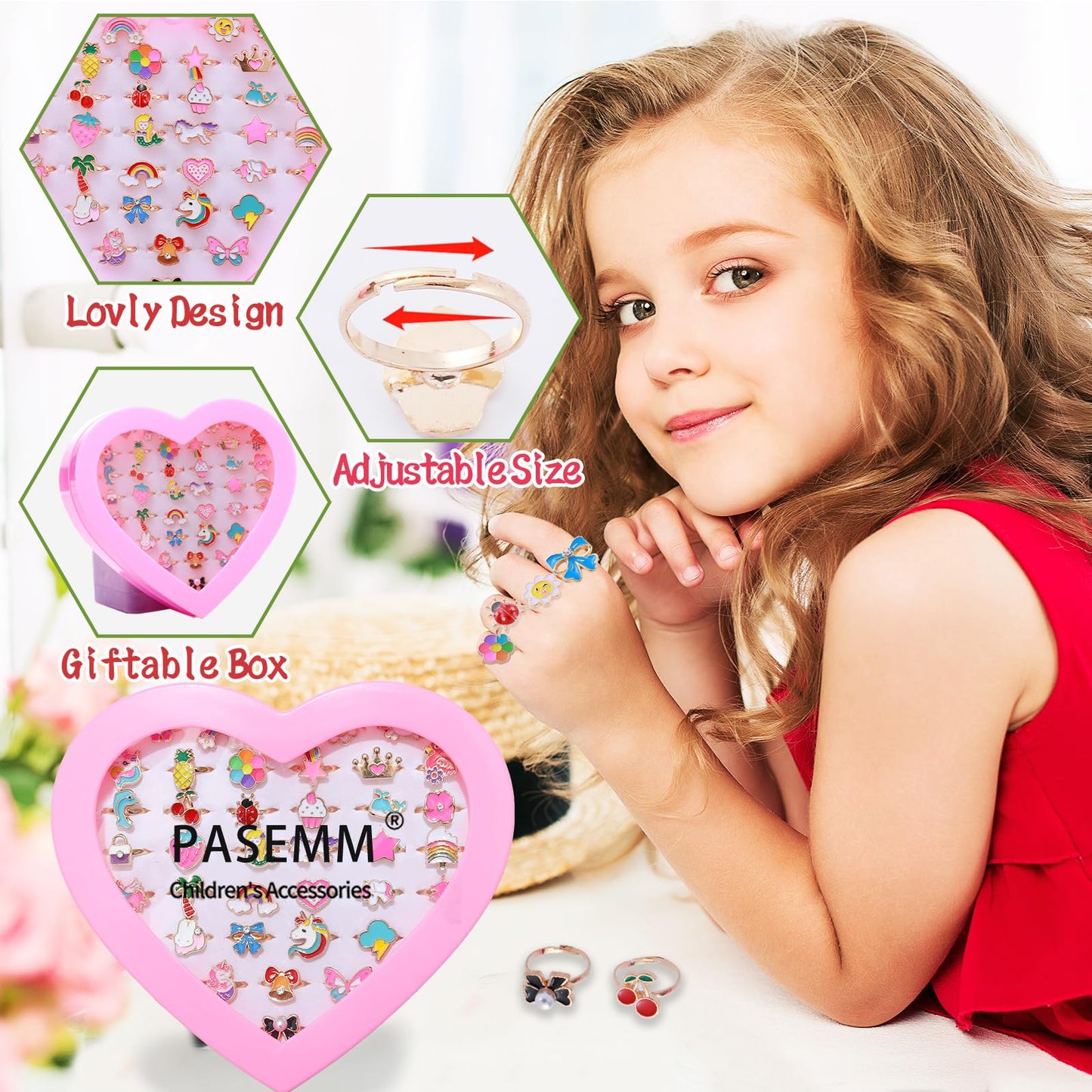 PASEMM 36pcs Little Girl Jewel Rings, Adjustable Unicorn Rings Toys, No Duplication Kids Play Ring in Box,Dress Up for 4-12 Year Old Girls, Birthday Christmas Valentine's Day Holiday Gifts