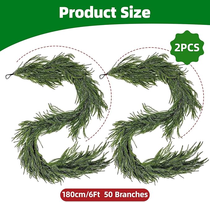 6 Ft 2 Pcs Norfolk Pine Christmas Garland - Artificial Faux Pine Needles Real Touch Winter Garland - Indoor/Outdoor Holiday Greenery Garlands for Fireplace Mantle, Staircase, Window Decor
