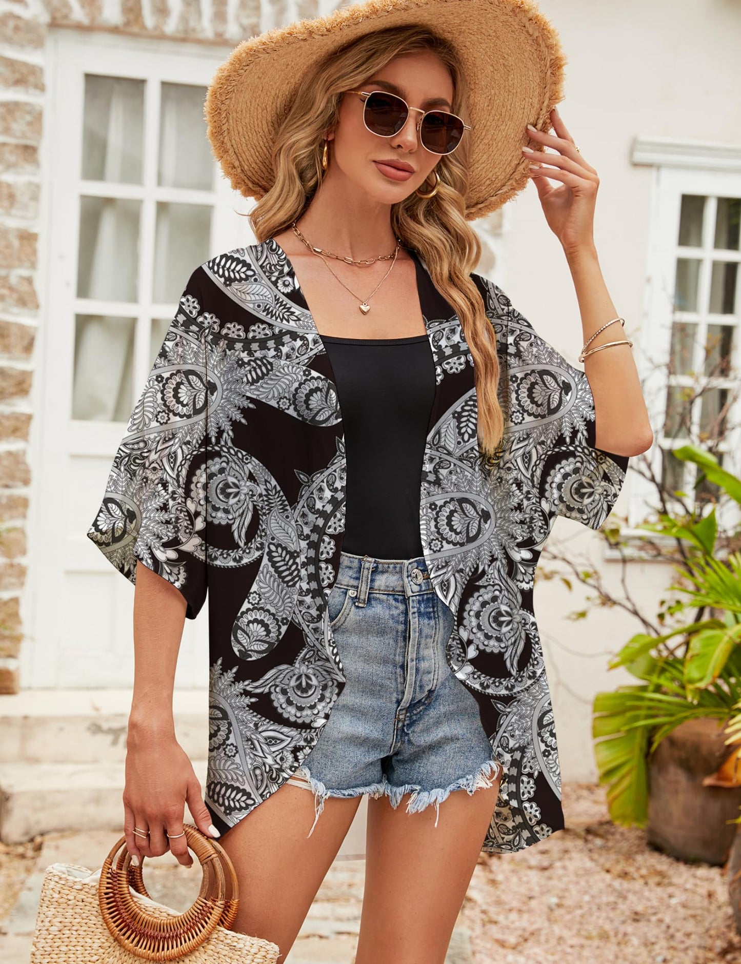 Chunoy Women Summer Paisley Short Sleeve Open Front Beach Tops Chiffon Casual Kimono Cardigan Cover Up Black Large