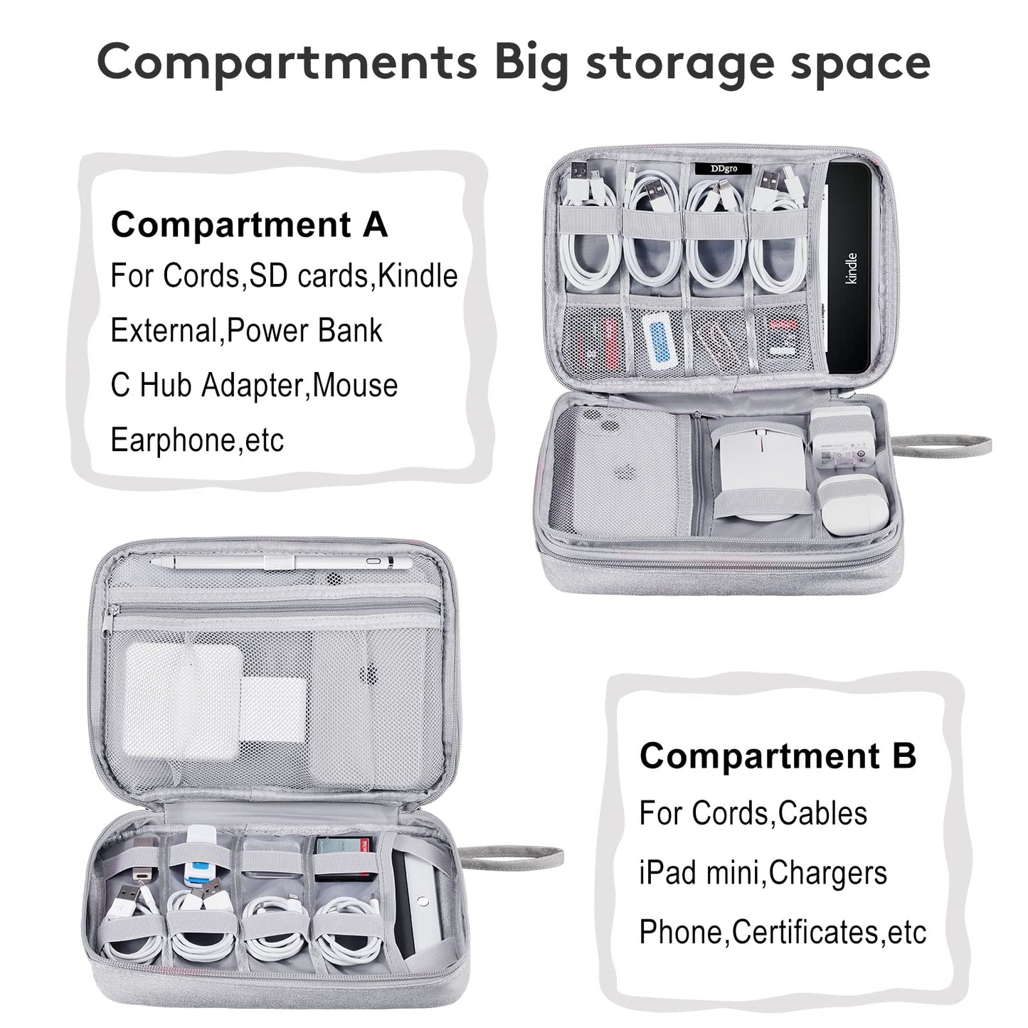 DDgro Cable Organizer Bag, Large Charger Cord Travel Case for Electronics & Tech Accessories (Large, Light Grey)