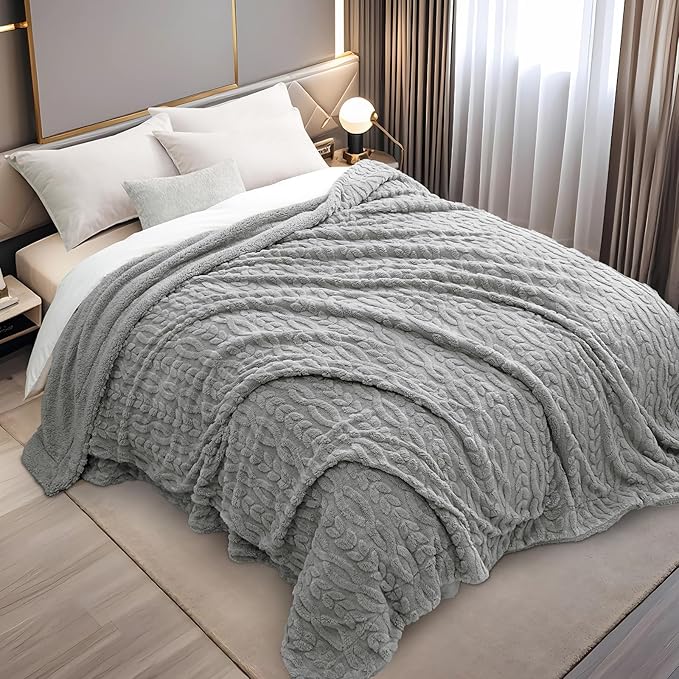 PHF Fluffy Sherpa Blanket Queen Size for Winter, Warm and Soft, 510GSM 3D Jacquard Thick Shaggy Fleece Plush Blanket for Sofa Bed, Grey, 90"x90"