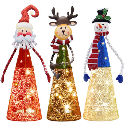 ATDAWN Lighted Christmas Table Decorations, Set of 3 Indoor LED Lighting Santa Snowman Reindeer Xmas Holiday Party Tabletop Desk Ornament & Candleholders