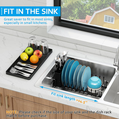 ANTOPY Sink Dish Drying Rack - Expandable Small Dish Rack Over Sinks with Silicone Drying Tray, Dish Drainer for Kitchen Counter with Cutlery Holder, Drying Rack Fit for 14’’-19’’ Kitchen Sink