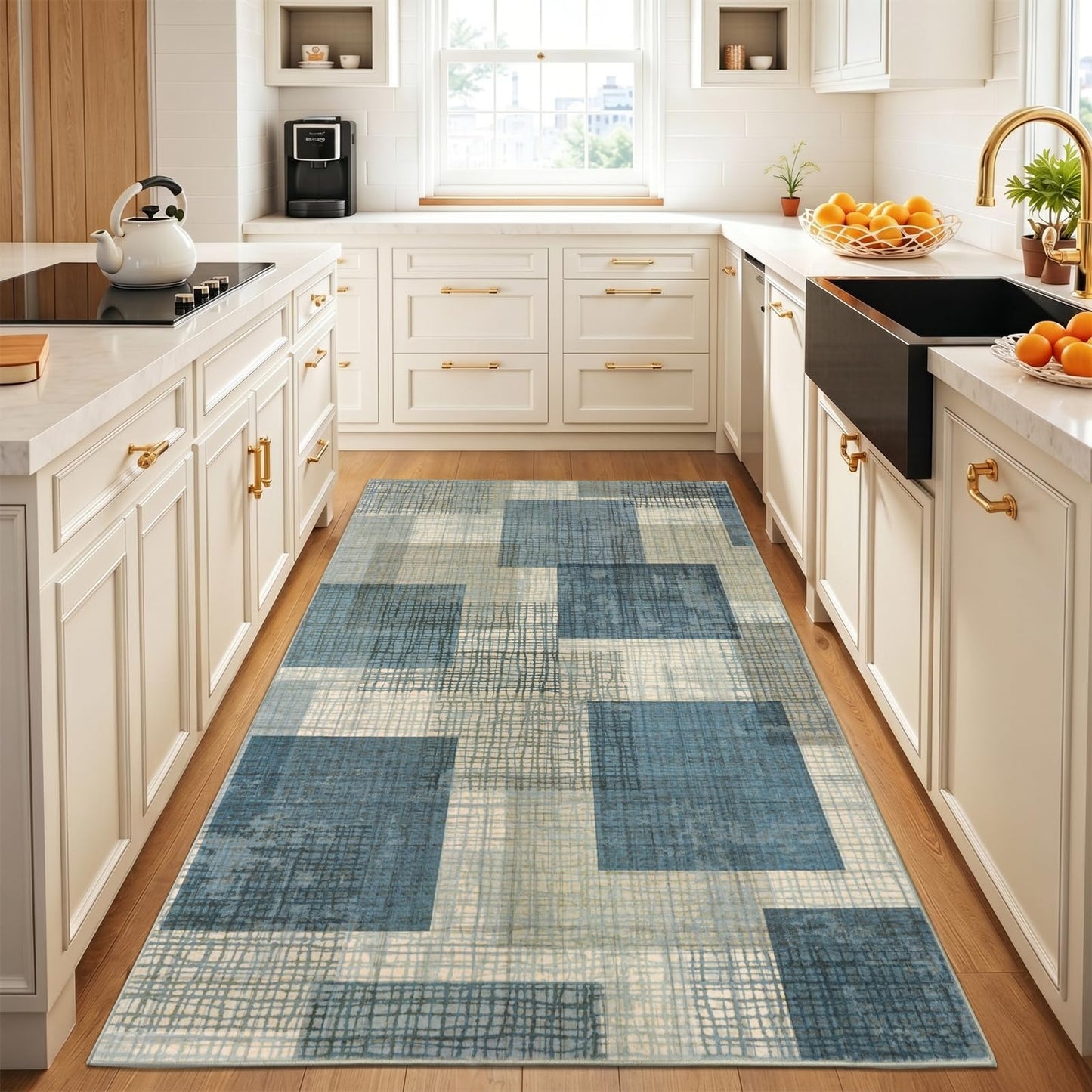 Ailyei Area Rugs 3x5 Kitchen Rugs Entry Rug for Inside House, Modern Geometric Entryway Rug Non Slip Stain & Fade Resistant, Grid Print Patchwork Area Rug for Entrance Bedroom Decor, Blue