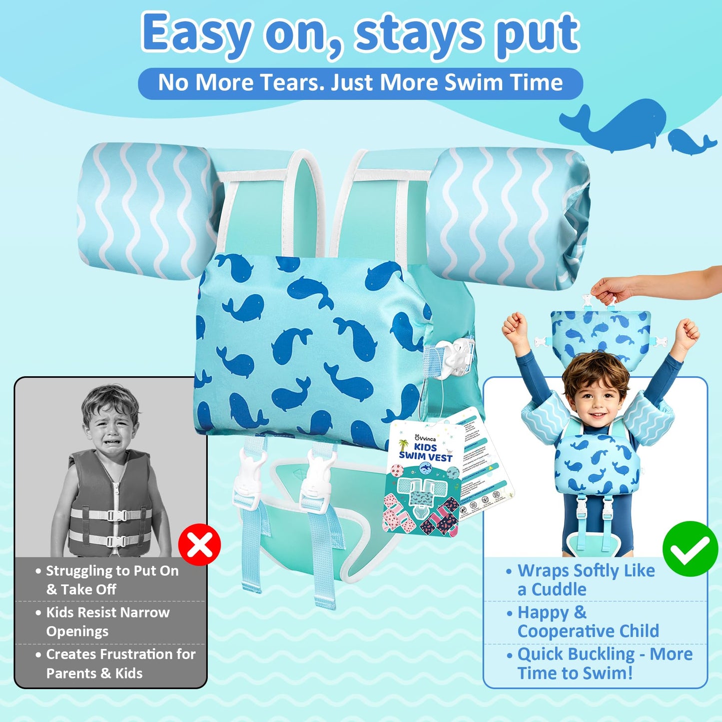 Vvinca Toddler Swim Vest for Kids 13-30 lbs, Toddlers Pool Floaties Jacket for Boys Girls Puddle Kid Jumper Adjustable Crotch Sleeves Shoulder for Ages 1-3 Baby Infant Learn to Swimming, Whale Waves