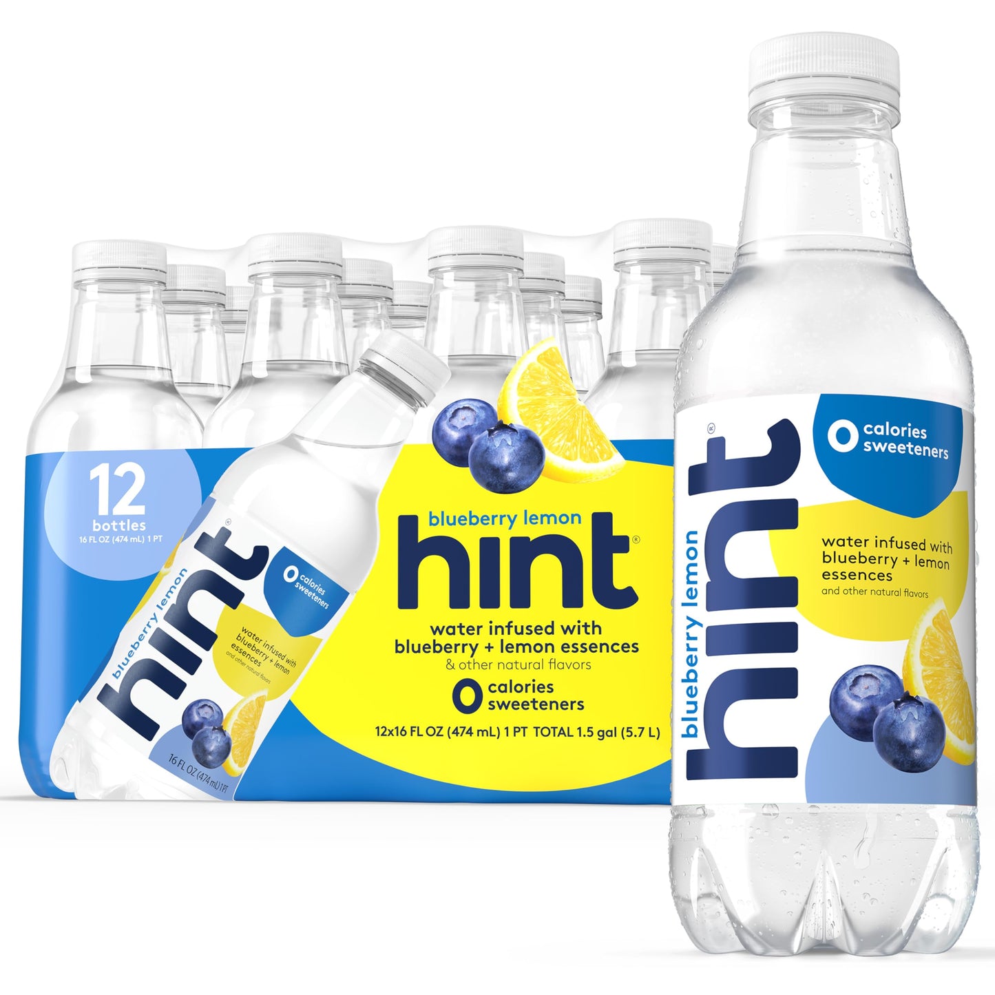 Hint Water Blueberry Lemon, Pure Water Infused with Blueberries & Lemons, Zero Sugar, Zero Calories, Zero Sweeteners, Zero Preservatives, Zero Artificial Flavors, 16 Fl Oz (Pack of 12)