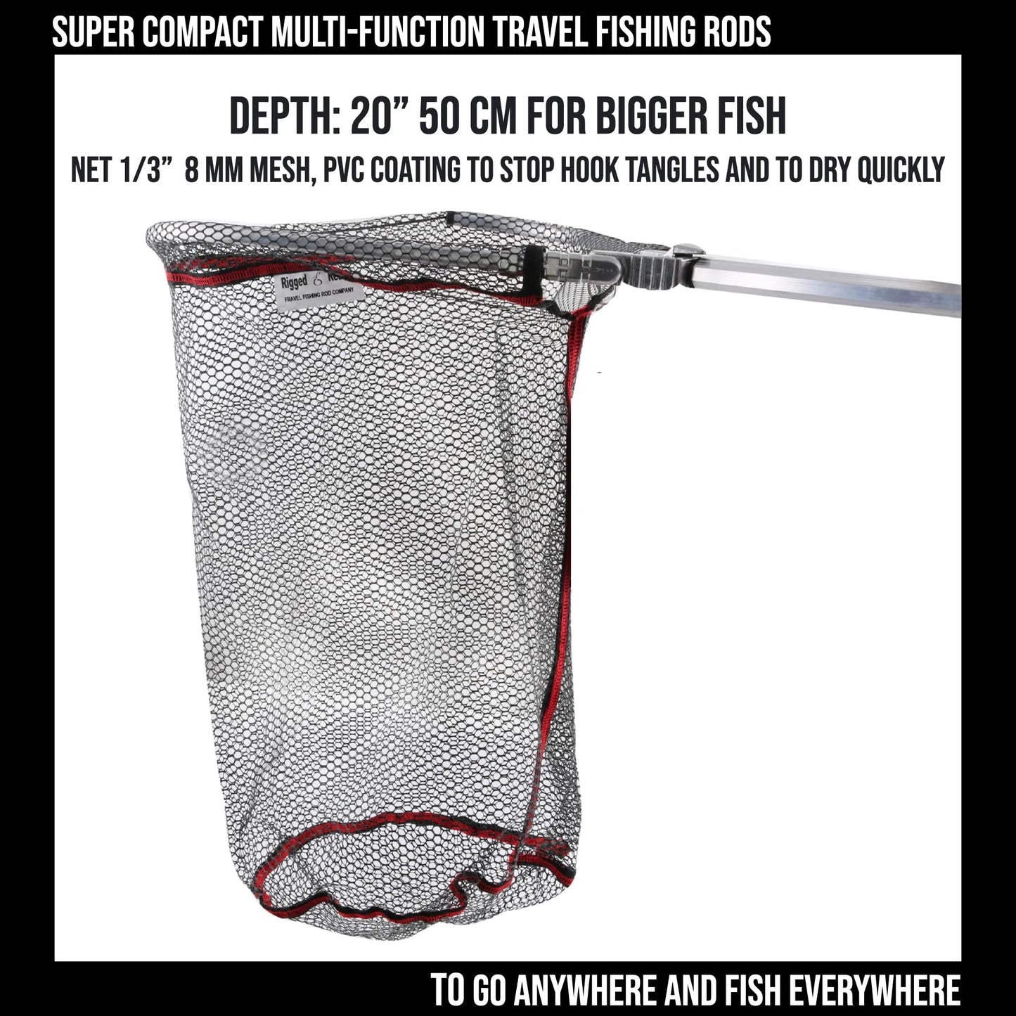 Travel Fishing Landing Net. Super Compact, Folding, Rugged Travel Fish Net. Extra Deep Coated, Low Smell Net + S Carry Hook. Freshwater and Saltwater Angling.