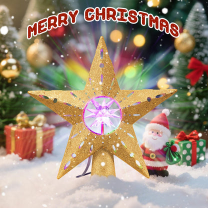 Gold Rotating Christmas Tree Topper Star with RGB LED Lights, 3D Crystal Diamond Center, Spinning Projection, Glitter Design Tree Decor with Power Cord for Holiday, Party, Christmas Celebration