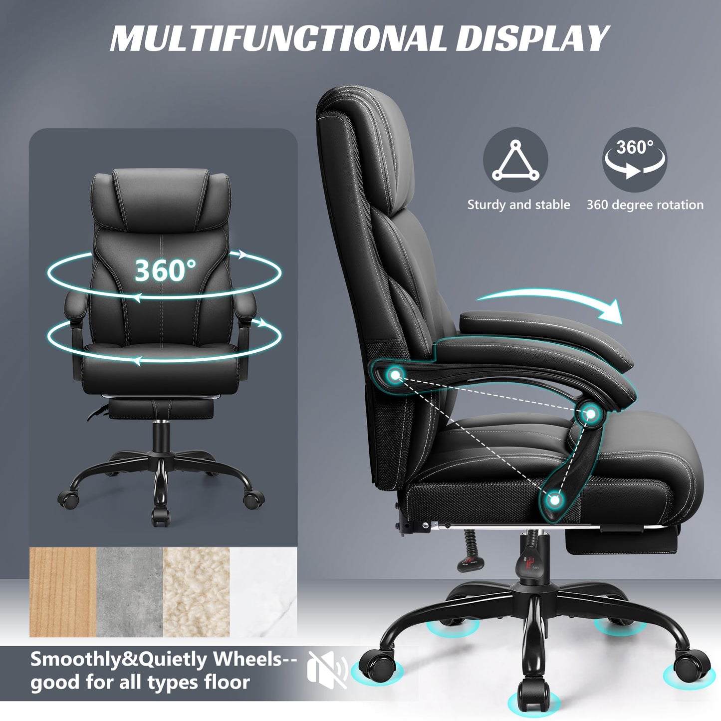 HeroSet Office Chair, Executive Leather Chair Big and Tall Ergonomic Computer Desk Chair, Comfy Swivel Rolling Reclining Lumbar Support Task Chair with Adjustable High Back Foot Rest for Home Gaming