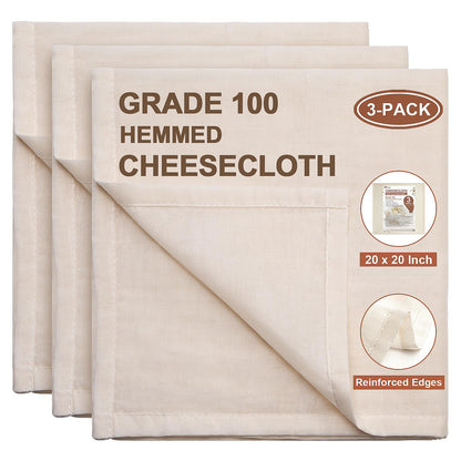 eFond Cheese Cloths | 3-Pack, 20x20Inch Squares with Hemmed Edges | Grade 100 Ultra Fine Reusable Cheesecloth for Straining | Unbleached Cotton Muslin Cloths | For Nut Milk, Butter, Baking & Cooking