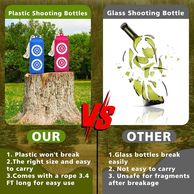 Shatterproof Bottle Shooting Targets - 6 Pack Plastic Bottles with Rope & Foldable Funnel | Colorful Firearm Practice Targets for Indoor & Outdoor Use