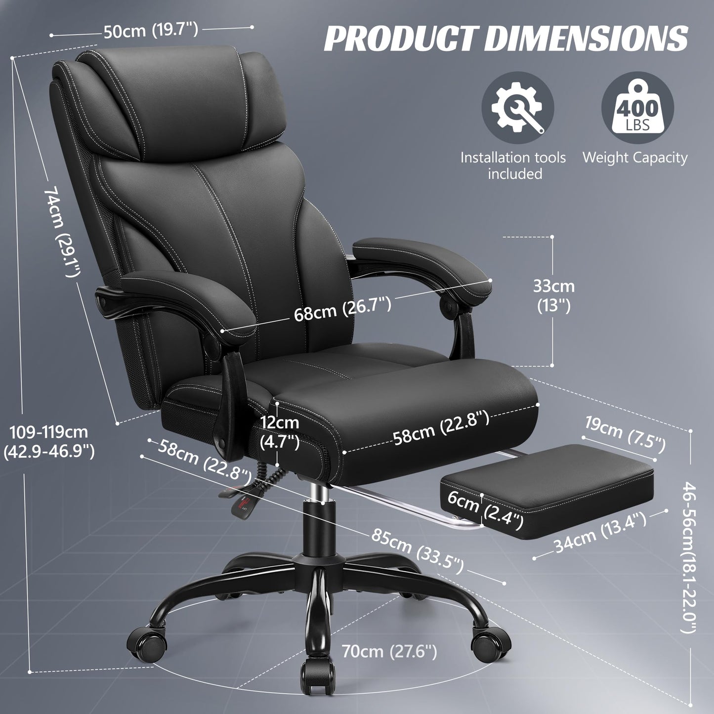 HeroSet Office Chair, Executive Leather Chair Big and Tall Ergonomic Computer Desk Chair, Comfy Swivel Rolling Reclining Lumbar Support Task Chair with Adjustable High Back Foot Rest for Home Gaming