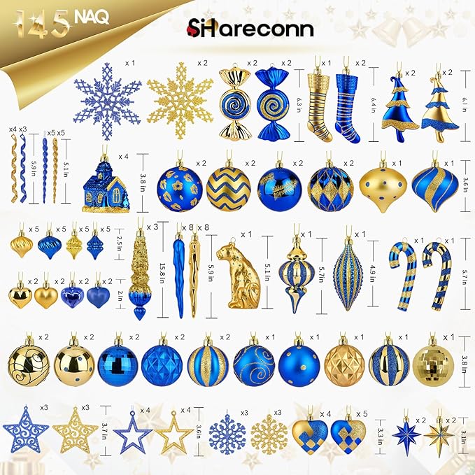 SHareconn 145pcs Christmas Balls Ornaments Set, Shatterproof Plastic Baubles Snowflakes, Stars and Tree Topper for Xmas Tree Holiday Wedding Party Decorations with Hanging Strings, Gold and Blue