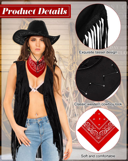 Xtinmee 4 Pcs Halloween Western Cowgirl Outfits Set Women Tassel Vest Cowboy Hat Dangle Drop Earring Paisley Bandana Dress up(3XL,Black)