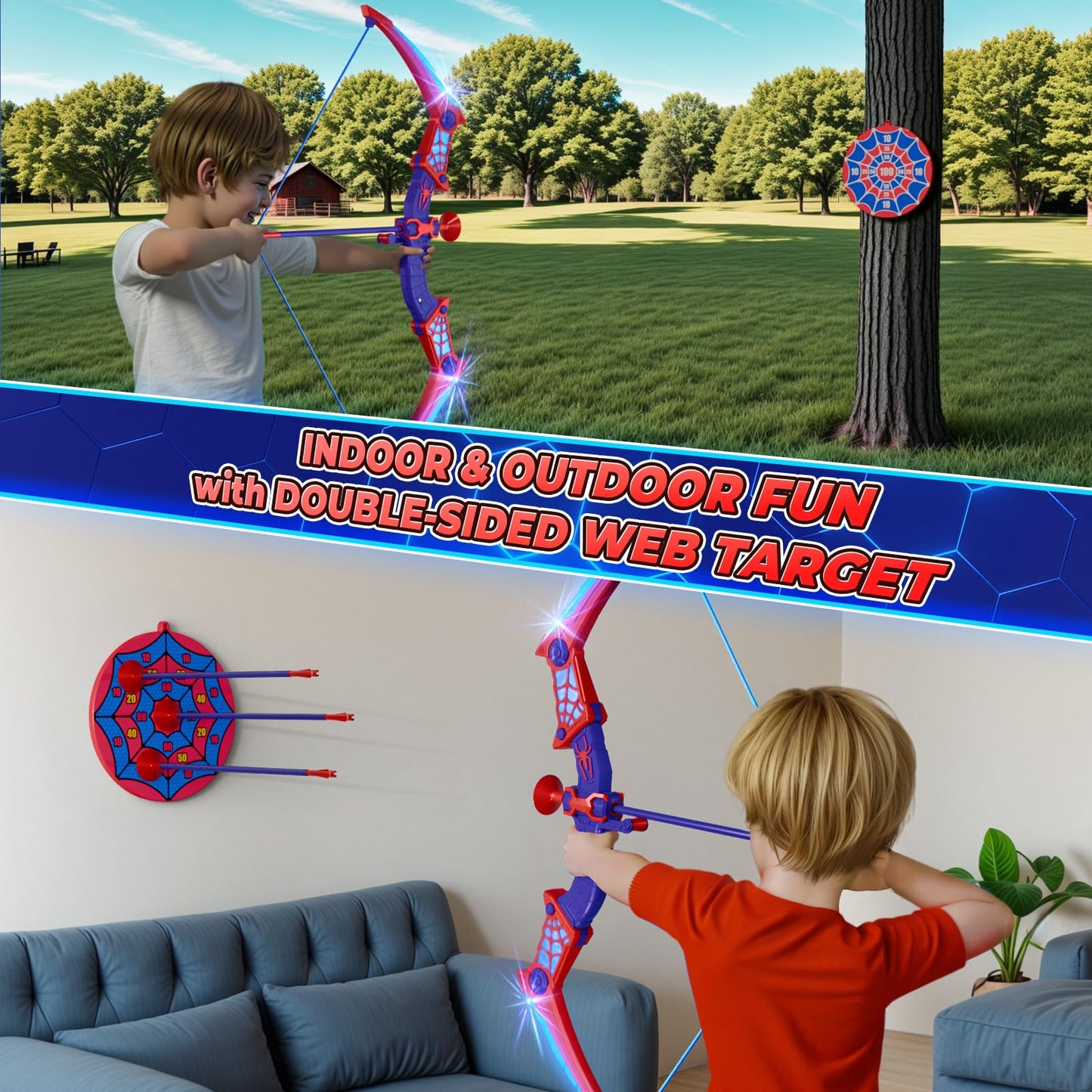 Spider Toys for Boys Age 3-4 4-6 6-8 8-12, Kids Toy BowArrow Shooting Set with Red & Blue LED Lights, Spider Quiver & Web Target, 8 Suction Cup Arrows, Toys Gifts for 3 4 5 6 7 8 9 10 12 Year Old Boys