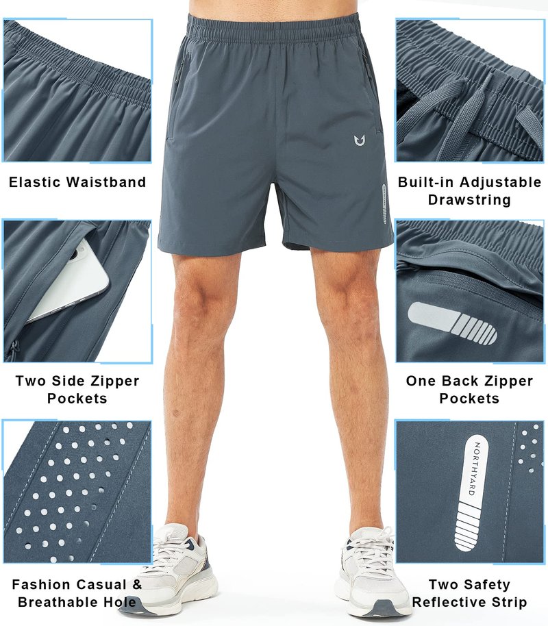 NORTHYARD Men's Athletic Running Shorts Gym Workout 7"/9"/5" Quick Dry Lightweight Sports Basketball Tennis 3 Zipper Pockets COOLGREY-5inch 4XL