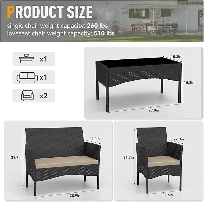 Kurapika Patio Furniture Set 4 Pieces Outdoor Wicker Rattan Chairs Conversation Sets w/Coffee Table, Rocking Bistro Set, for Patio Lawn Backyard (Sand)
