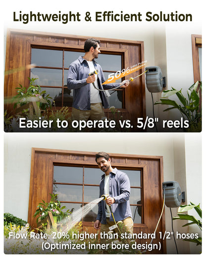 GLAHODEN Retractable Garden Hose Reel 1/2 in x 130 ft, 2025 Upgraded Dual Ratchet Lock UV & Freeze Protection Brass Seal Slow Retraction Anti-Tangle Hose 180°Swivel Reinforced Scaffold Wall Mount