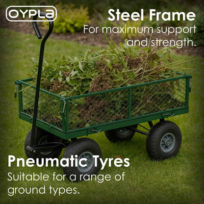 Oypla Heavy Duty Metal Gardening Trolley - Green Trailer Cart