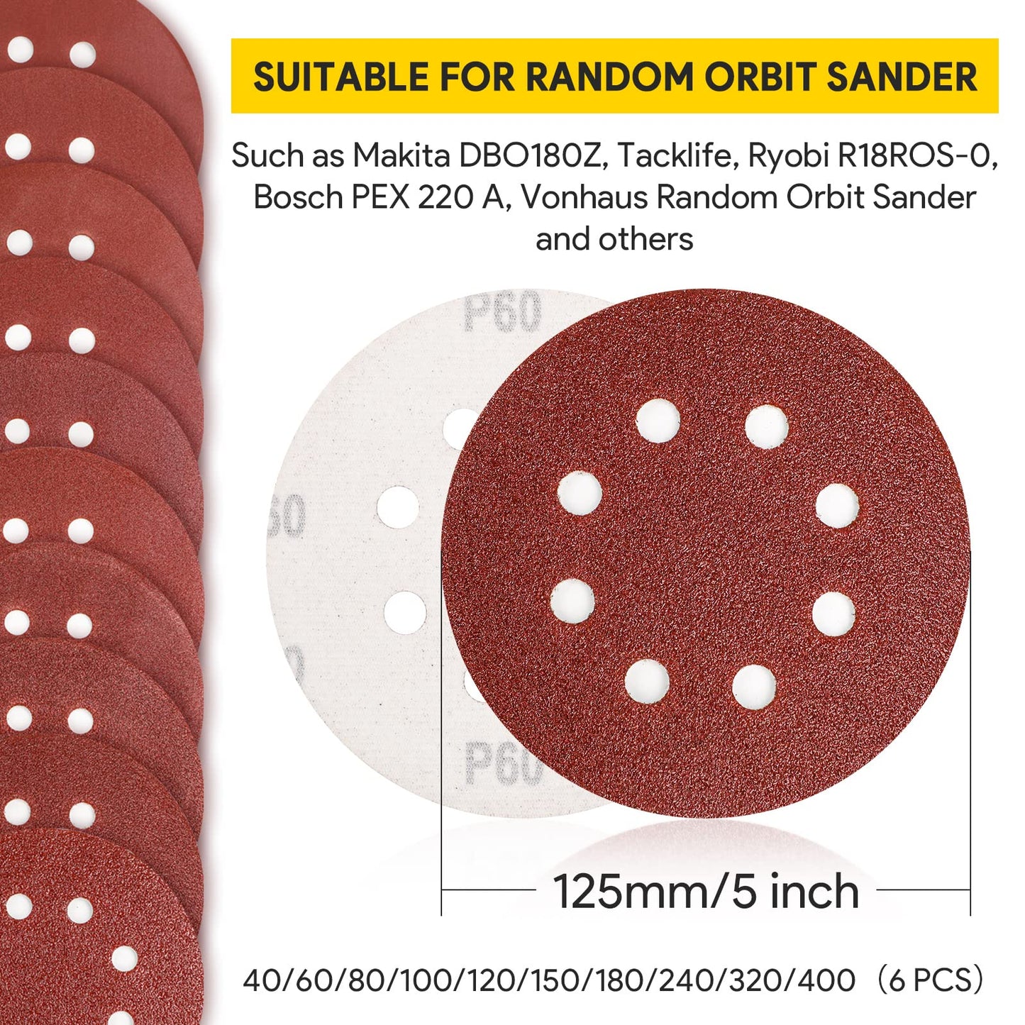 60Pcs Sanding Discs Pads, AUGOLA Hook and Loop 40 60 80 100 120 150 180 240 320 400 Mixed Grits 125mm Sandpaper Sheet for Random Orbital Sander, 8-Holes