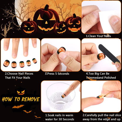 JANYUN Halloween Luminous Kids Fake Nails, 192 PcsGlowing Short Glow in Dark False Nails with Pumpkin Spider Bat for Girls Nail Art Party Decoration (Halloween Luminous)
