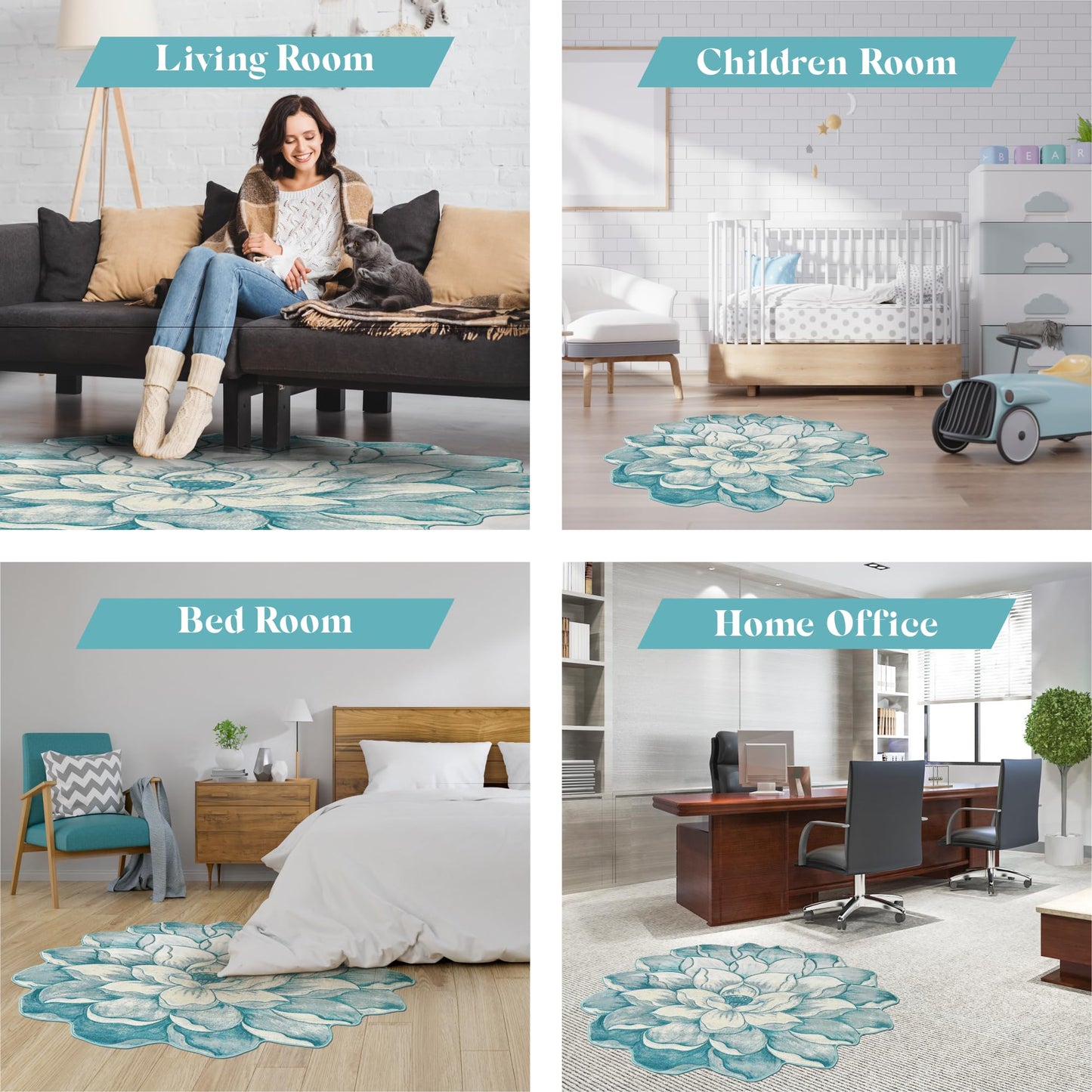 Flower Rug 2ft Round Area Rugs Cute Plush Flower Shaped Rug Circle Girly for Bedroom Floor Living Room Carpet 301 Blue