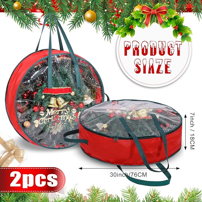 Shappy 2 Pcs Christmas Wreath Storage Bag Clear Wreath Box Wreath Storage Containers with Clear Window and Handle Christmas Garland Storage Containers for Xmas Holiday Seasonal Storage (30 Inch)