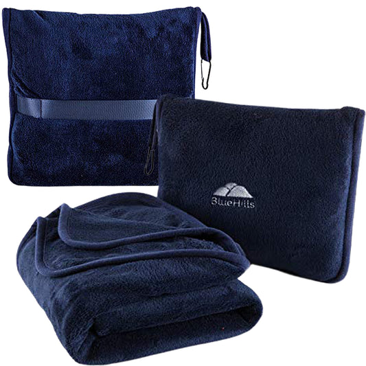 BlueHills Premium Soft Travel Blanket Pillow Airplane Blanket Packed in Soft Bag Pillowcase with Hand Luggage Belt Compact Pack Large Long Flight Essentials Portable Navy Blue T002