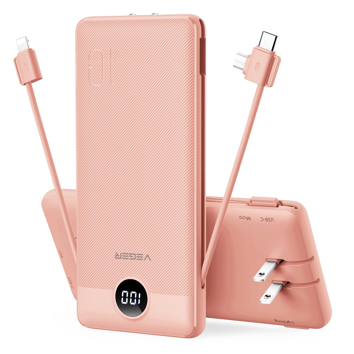 VEGER Portable Charger for iPhone Built in Cables and Wall Plug, 10000mah Slim Fast Charging USB C Power Bank, Travel Essential Battery Pack Compatible with iPhones, iPad, Samsung More Devices(Pink)
