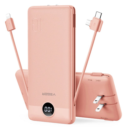 VEGER Portable Charger for iPhone Built in Cables and Wall Plug, 10000mah Slim Fast Charging USB C Power Bank, Travel Essential Battery Pack Compatible with iPhones, iPad, Samsung More Devices(Pink)