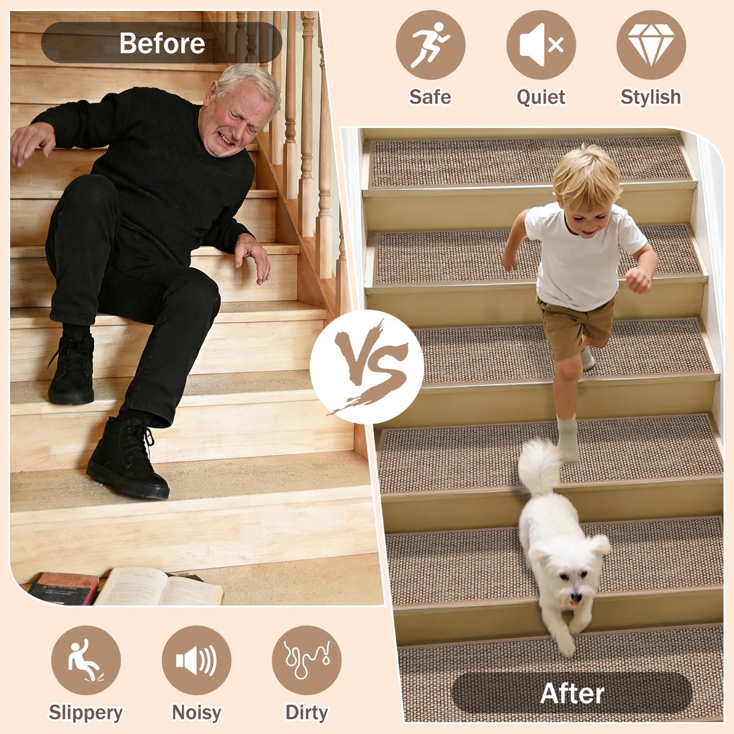 Stair Treads Non Slip, 15 Pack 8" X 30" Beige Stair Runners for Wooden Steps Non Slip with Reusable TPE Adhesive Backing, Carpet Stair Treads for Kids Elders and Pets, Machine Washable, Anti-Fall