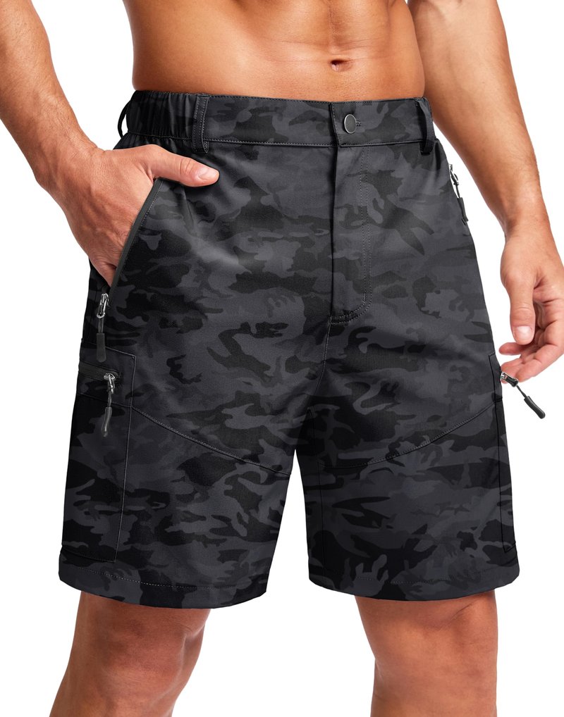 Pudolla Men's Hiking Cargo Shorts Lightweight 7" Travel Casual Shorts for Men Golf Work Outdoor with 5 Zipper Pockets(Black Camo Small)