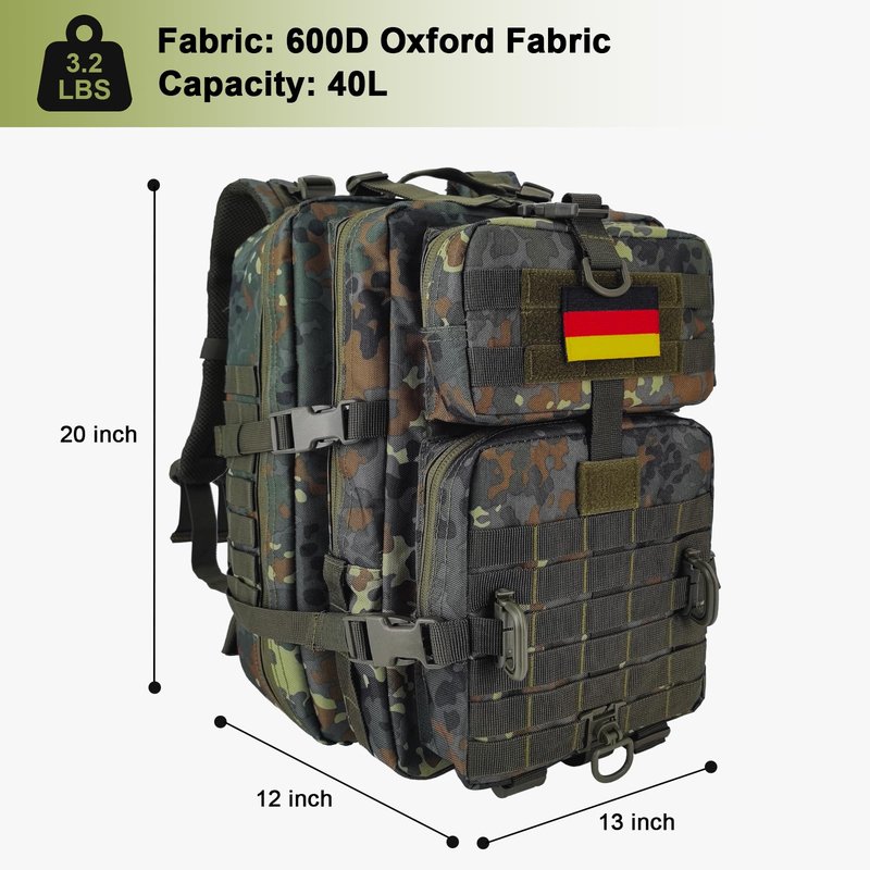 Hannibal Tactical MOLLE Assault Backpack, Tactical Backpack Military Army Camping Rucksack, 3-Day Pack Trip w/USA Flag Patch, D-Rings, Flecktarn