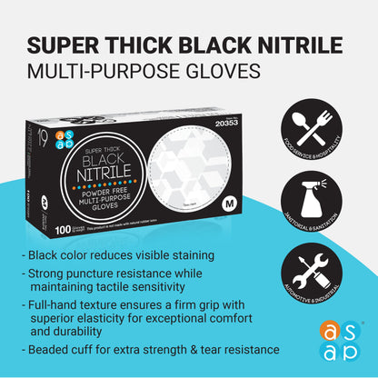 ASAP Thick Black Nitrile Gloves Disposable Latex Free - 6 Mil, Powder Free, Food Safe, Kitchen & Mechanic Gloves - Durable Rubber Cleaning Supplies (Small, 100 Count)