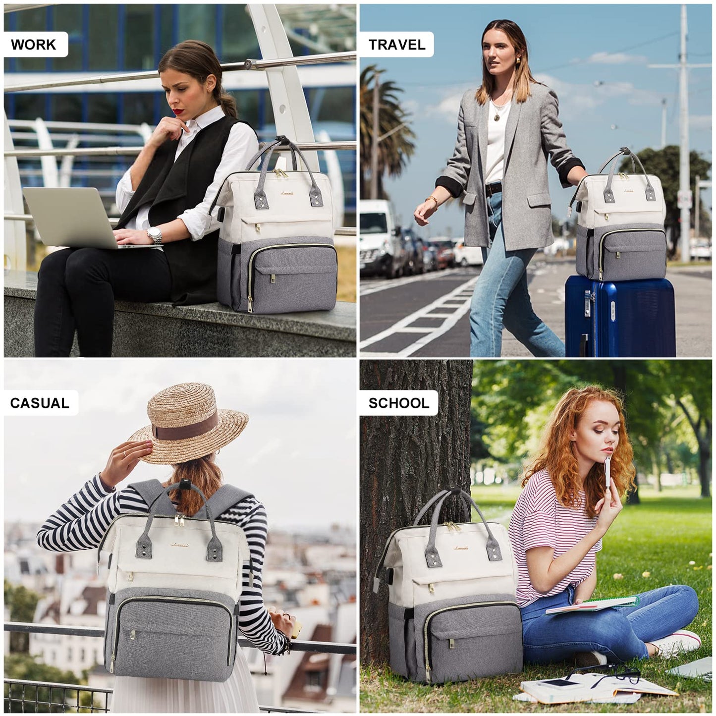 LOVEVOOK Laptop Backpack Women 15.6 inch, Work Bags for Womens, School Computer Bag with USB Port for Business College Travel, Rucksack for Teacher Nurse,BeigeGrey