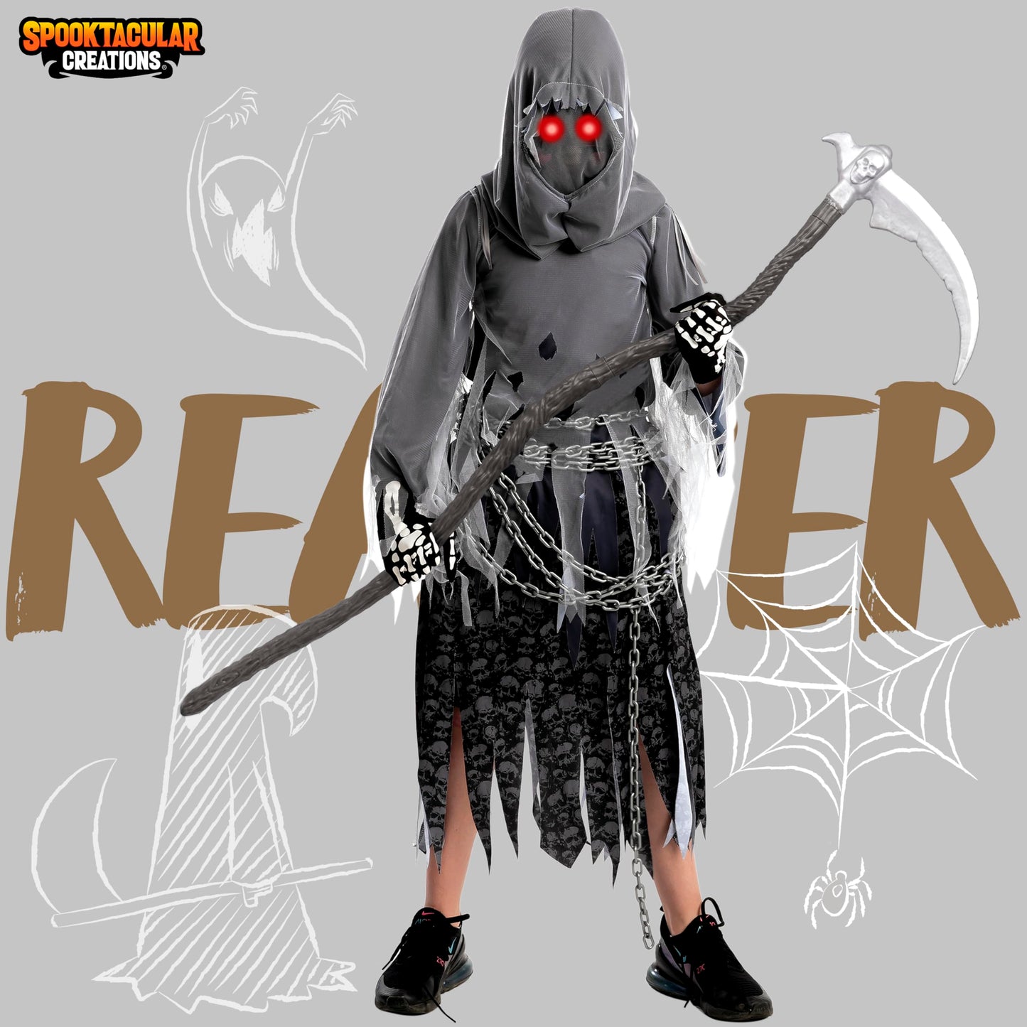 Spooktacular Creations Child Unisex Grim Reaper Costume, Halloween Costume with Glowing Red Eyes for Kids Trick-or-Treating-M(8-10yr)