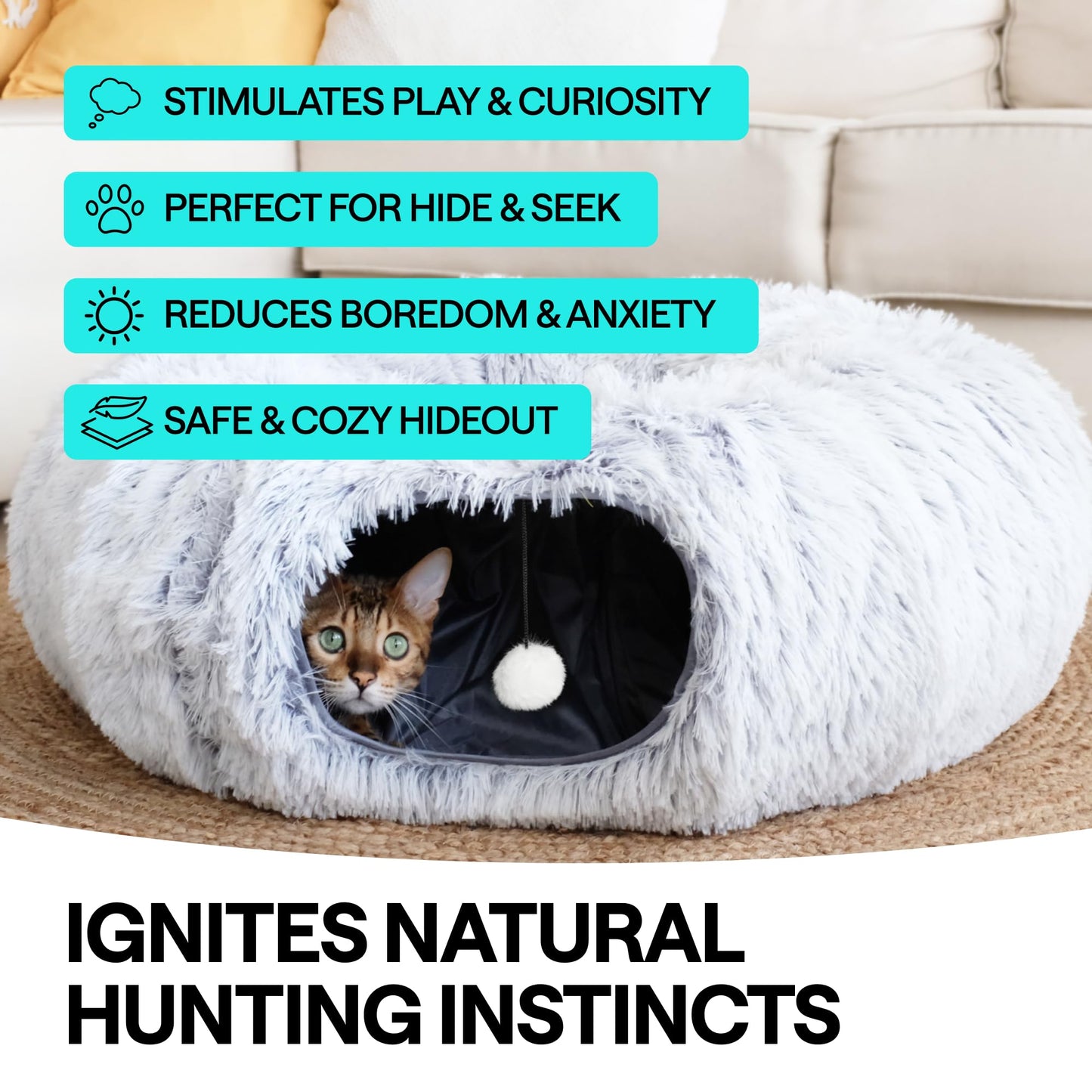 Cat Tunnel Bed with Cat Toys for Bored Indoor Adult Cats – Includes 1 Laser Paw, 1 Ball, and 2 Hollow Tunnels to Form Big Donut Shaped Tube - Can Be Used as Peekabo Cave or Comfy Pet Bed