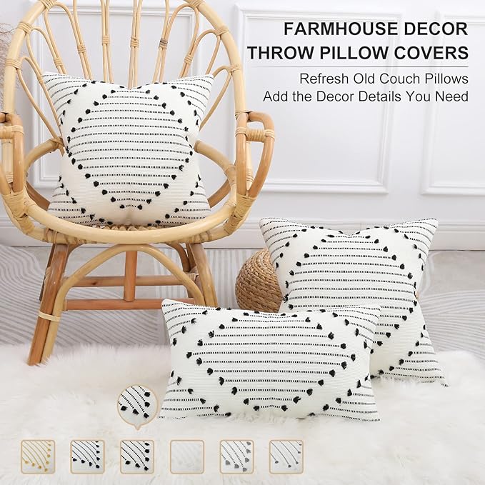 Mecatny Boho Outdoor Throw Pillow Covers 12X20 Set of 2, Farmhouse Lumbar Pillow Covers for Couch Sofa Living Room, Black & Cream White