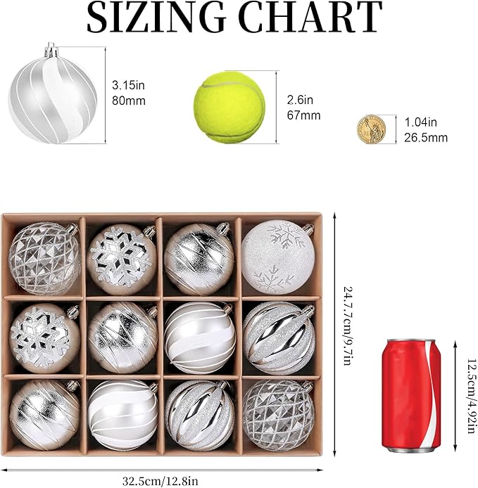 SHareconn 80mm Christmas Balls Ornaments,12PCS Colored Shatterproof Plastic Decorative Hanging Tree Decorations Baubles Set for Xmas Tree Holiday Party Wedding Decoration with Lanyard, Silver&White