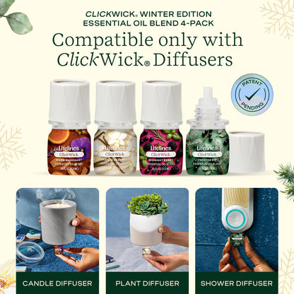 ClickWick Essential Oil Blends for Lifelines Diffusers, 4-Pack Winter Gift Set - Essential Oil Blend Fragrance Refills for Candle, Plant & Shower Aromatherapy Diffuser - Home Spa & Relaxation Gifts
