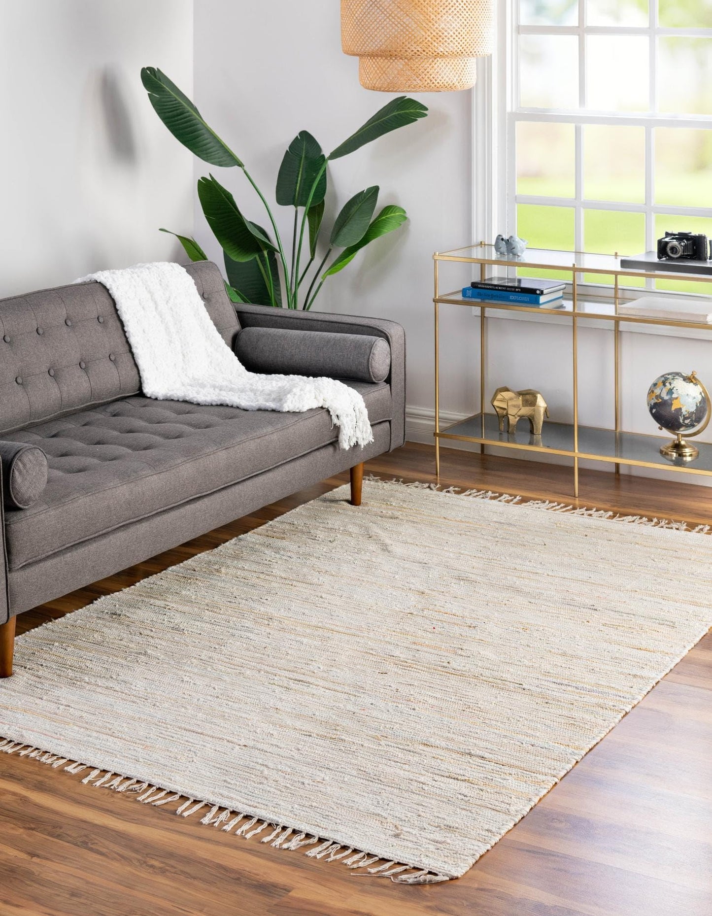 Rugs.com Chindi Cotton Collection Rug – 4' x 6' Beige Flatweave Rug Perfect for Living Rooms, Large Dining Rooms, Open Floorplans