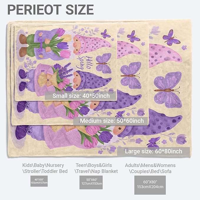 Gnome Lightweight Throw Blanket, Purple Lavender Flower and Butterfly, Warm Soft Cozy Flannel Blankets, Couch Dorm Home Decor All Season Use, 50x40in, Beige, Gifts for Women and Spring Lovers