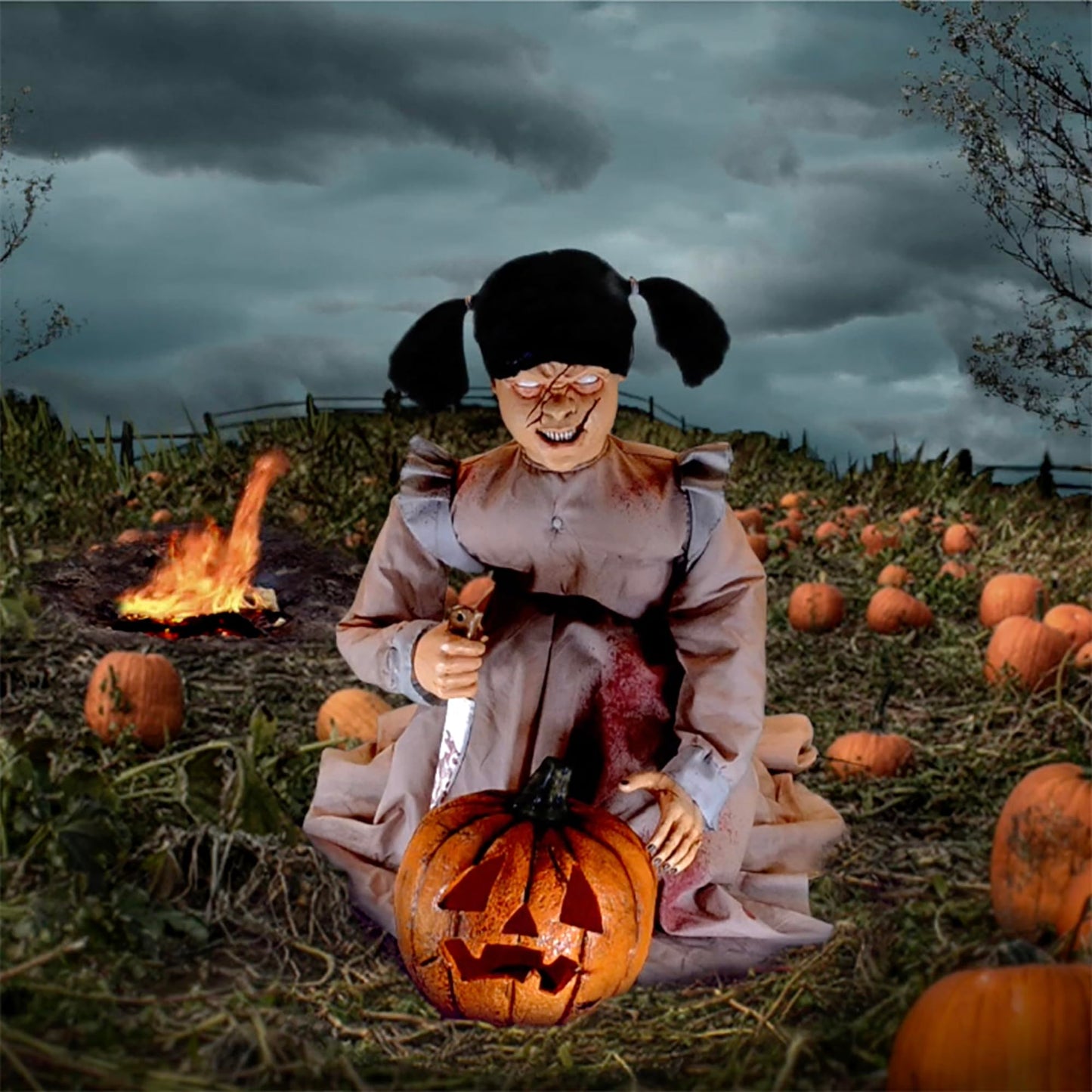 Haunted Hill Farm Lunging Pumpkin Carver Zombie Girl by Tekky, Motion-Activated Talking Halloween Animatronic for Indoor or Covered Outdoor Creepy Halloween Decorations, Plug-in or Battery Operated