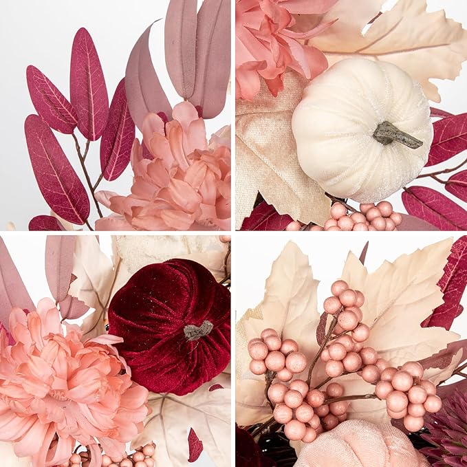 Briful 26" Artificial Fall Wreath with Velvet Pumpkins, Chrysanthemums & Pink Maple Eucalyptus Leaves – Soft Blush Autumn Wreath for Front Door, Fireplace, Wall Decor