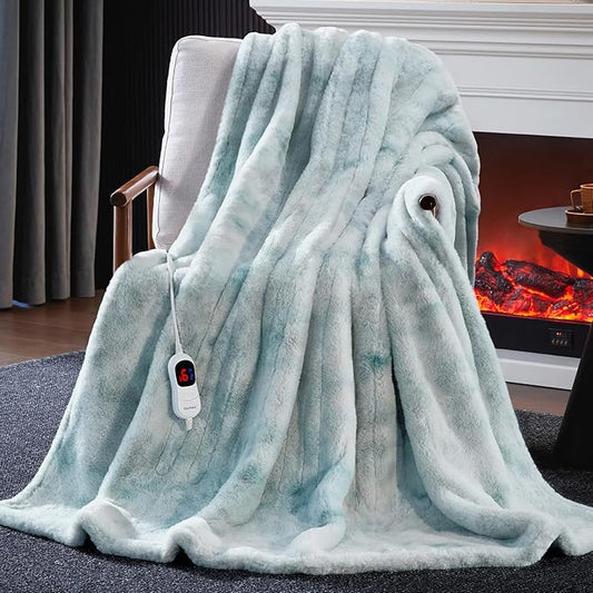 Guohaoi Heated Blanket Electric Throw, Soft Faux Rabbit Fur Electric Blanket with 10 Heating Levels 5 Sitting Timer Auto Off, Cozy Warm Heating Blankets, Machine Washable(84"×90" Blue)