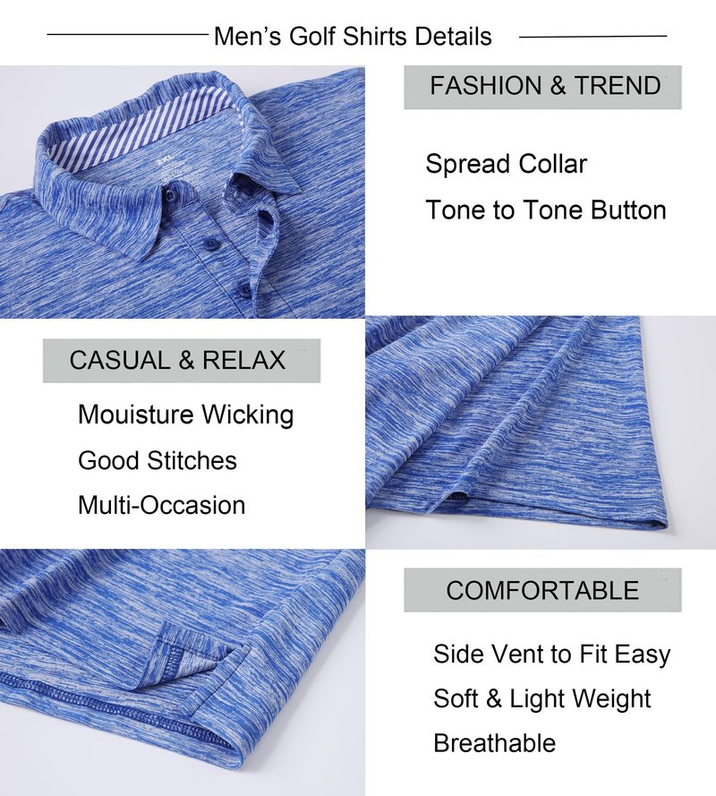 Alex Vando Mens Golf Shirt Moisture Wicking Quick-Dry Short Sleeve Casual Polo Shirts for Men,Blue,L
