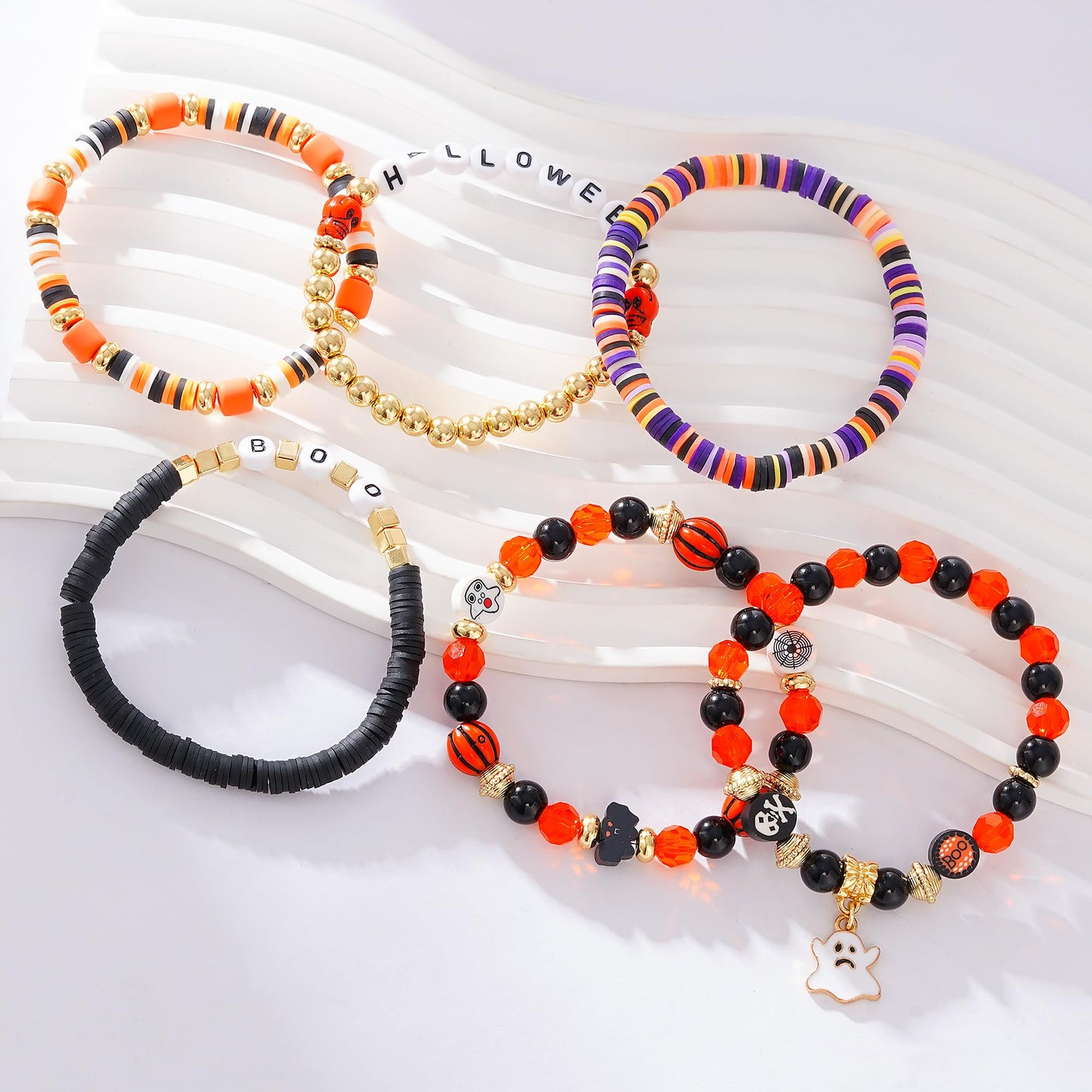 Pychee Summer Surfer Heishi Bracelet Set for Women Stackable Gold Plated Clay Ploymer Bead Stretch Pink Beach Layering Bracelets Jewelry (Style-B-Halloween1)