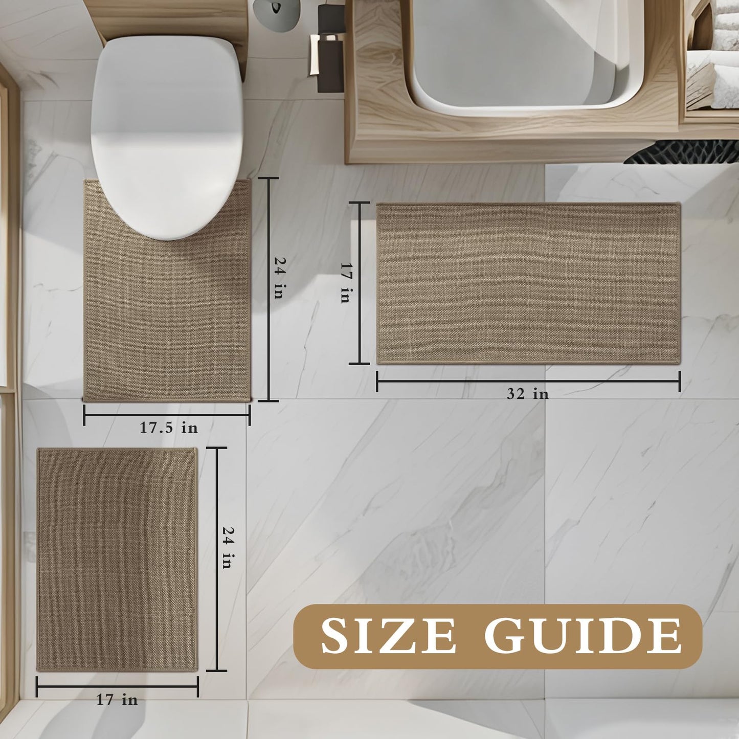 YIHOUSE Brown Bath Rug Set, 3 Piece Dark Beige Absorbent Non Slip Washable, Quick Dry Thin Bath Mat for Toilet and Floor