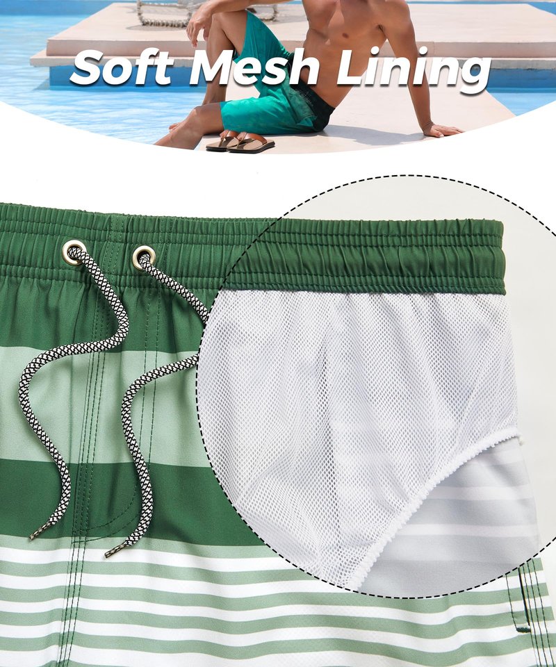 ELETOP Men's Swim Trunks Quick Dry Bathing Suit Swimming Board Shorts Mesh Lining Beach Swimwear Stripe Green White XXL